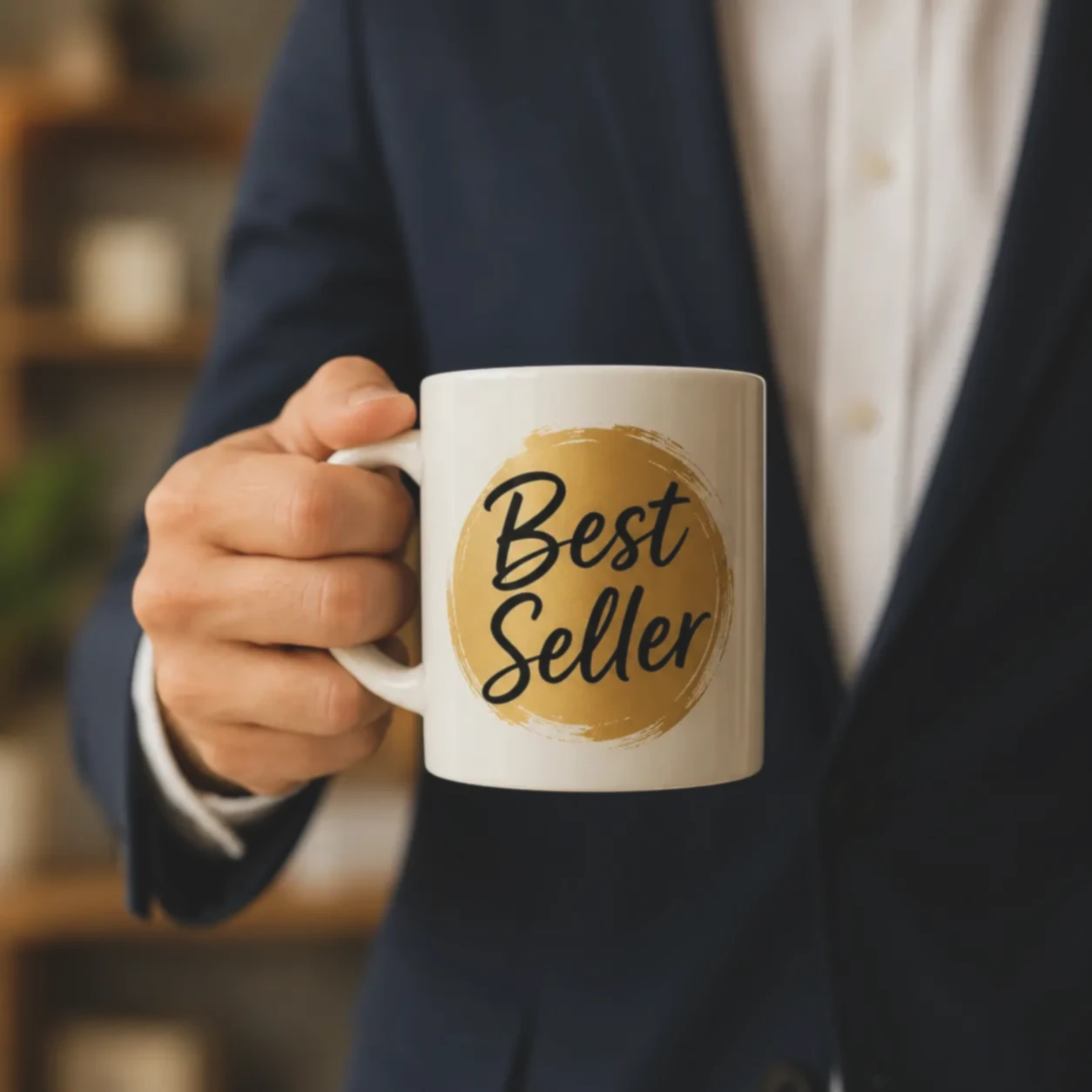 AI-generated illustration - salesperson holding a Best Seller mug